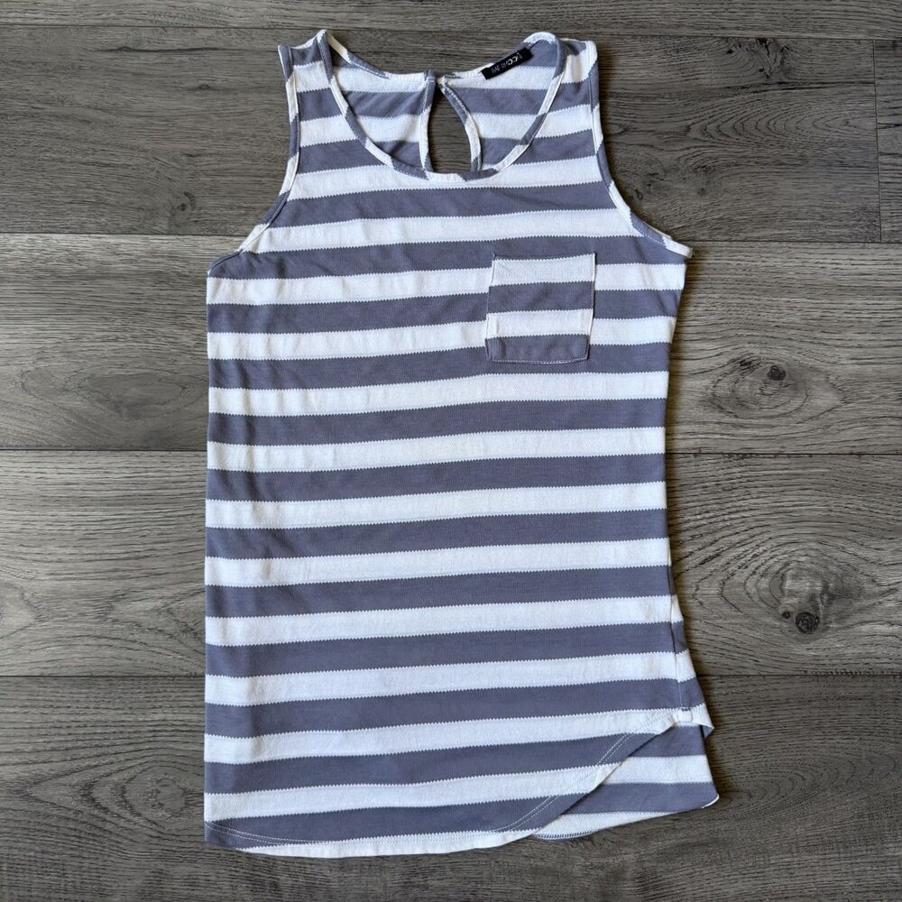 Papermoon | Grey & White Striped Sleeveless Tank with Tulip Hem - Size Small
